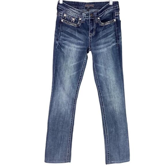 Shyanne Straight Jeans 26 Blue Low Rise Stretch Rhinestone Embroidery Hemmed - Picture 1 of 9